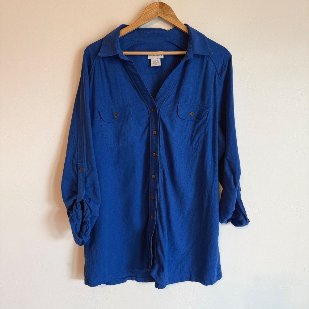 Soft Surroundings Jordan Linen Blend Shirt XL Sapphire Blue Roll Tab Coastal